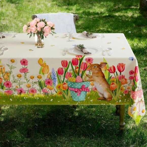 Easter Dining Tablecloth Spring Bunny Tulip Garden Egg Basket Butterflies Decor - Picture 1 of 12